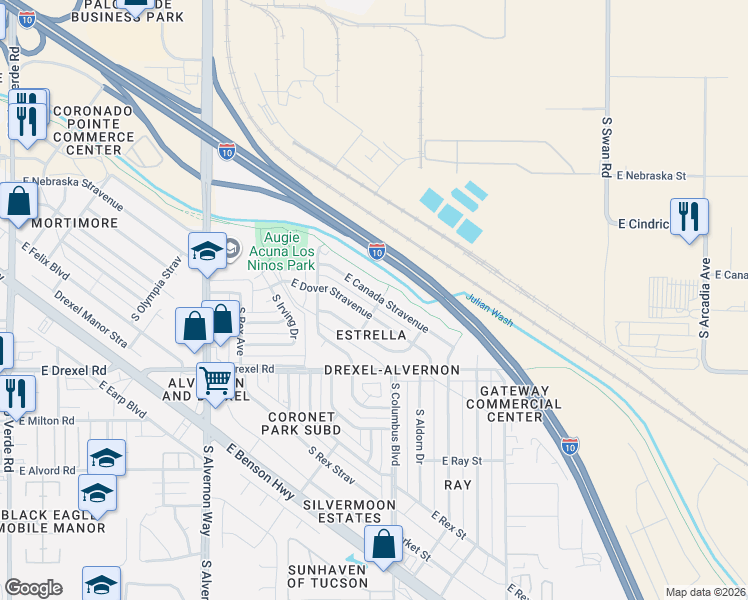map of restaurants, bars, coffee shops, grocery stores, and more near 4217 East Dover Stravenue in Tucson