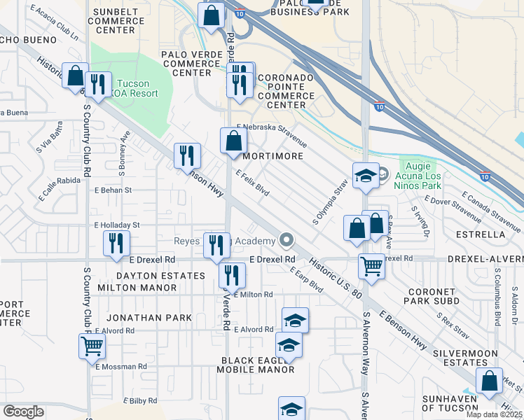 map of restaurants, bars, coffee shops, grocery stores, and more near 3542 East Benson Highway in Tucson