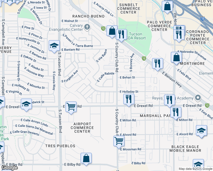 map of restaurants, bars, coffee shops, grocery stores, and more near 2990 East Via Genovesa in Tucson