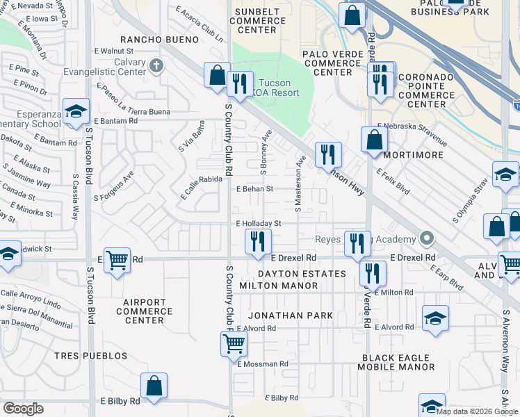 map of restaurants, bars, coffee shops, grocery stores, and more near 5550 South Bonney Avenue in Tucson