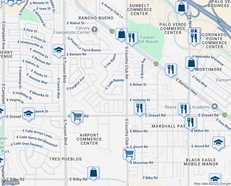 map of restaurants, bars, coffee shops, grocery stores, and more near 2990 East Via Genovesa in Tucson