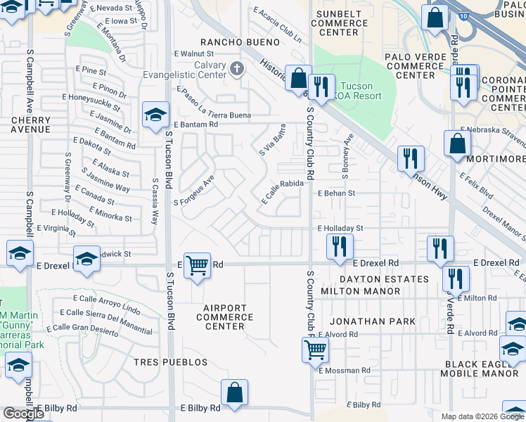 map of restaurants, bars, coffee shops, grocery stores, and more near 2886 East Via Genovesa in Tucson