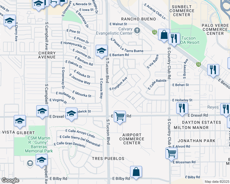 map of restaurants, bars, coffee shops, grocery stores, and more near 5515 South Forgeus Avenue in Tucson
