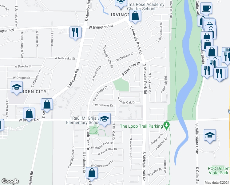 map of restaurants, bars, coffee shops, grocery stores, and more near 5521 South Pin Oak Drive in Tucson