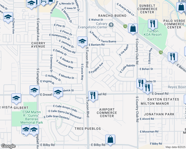 map of restaurants, bars, coffee shops, grocery stores, and more near 5515 South Forgeus Avenue in Tucson