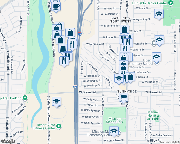 map of restaurants, bars, coffee shops, grocery stores, and more near 865 West Holladay Drive in Tucson