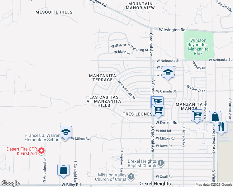 map of restaurants, bars, coffee shops, grocery stores, and more near 3141 West Alaska Street in Tucson