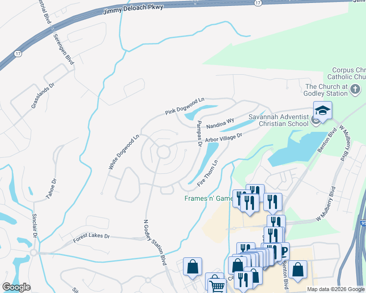 map of restaurants, bars, coffee shops, grocery stores, and more near 124 Chinese Fir Court in Pooler