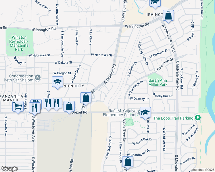map of restaurants, bars, coffee shops, grocery stores, and more near 5445 South Via Tres Rios in Tucson