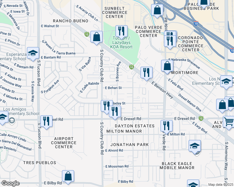map of restaurants, bars, coffee shops, grocery stores, and more near 5560 South Bonney Avenue in Tucson