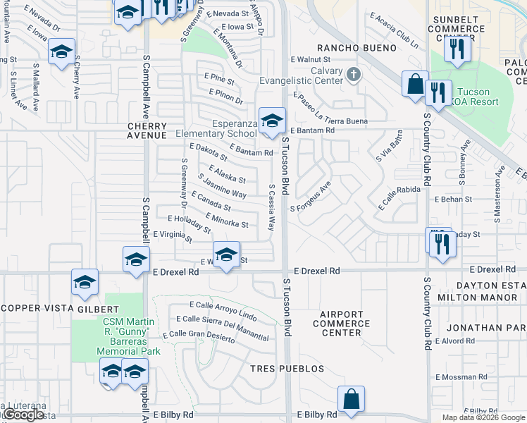 map of restaurants, bars, coffee shops, grocery stores, and more near 2318 East Oregon Street in Tucson