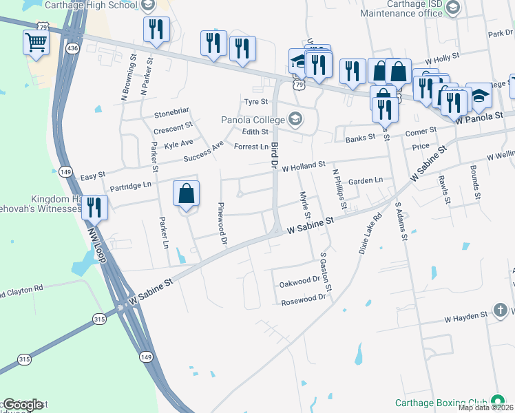 map of restaurants, bars, coffee shops, grocery stores, and more near 1005 College Circle in Carthage