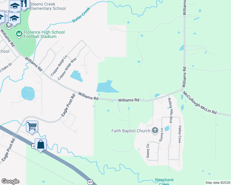 map of restaurants, bars, coffee shops, grocery stores, and more near 333 Williams Road in Florence