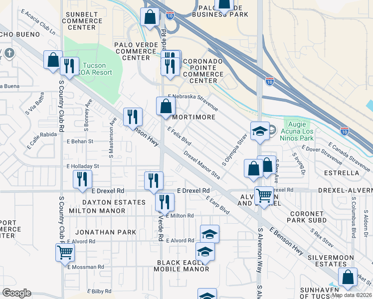 map of restaurants, bars, coffee shops, grocery stores, and more near 3583 Drexel Manor Stravenue in Tucson