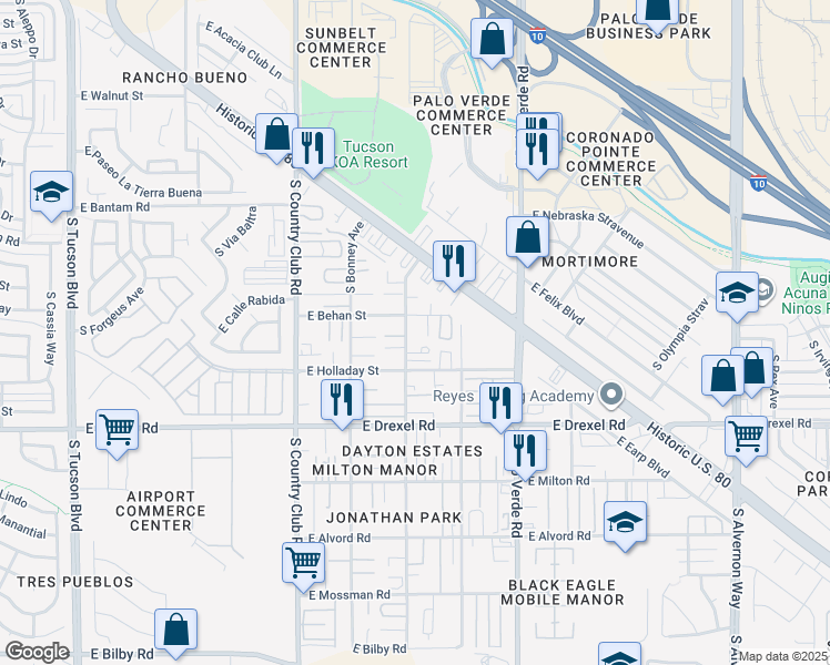 map of restaurants, bars, coffee shops, grocery stores, and more near 5509 South Masterson Avenue in Tucson