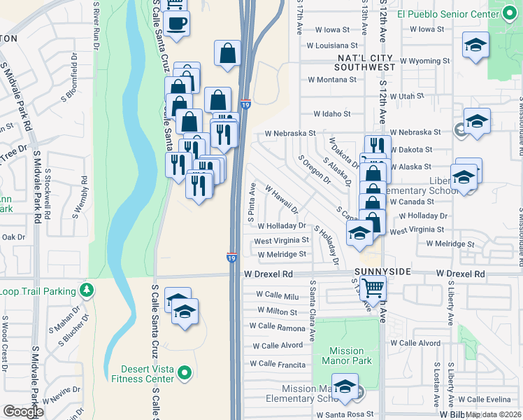 map of restaurants, bars, coffee shops, grocery stores, and more near 5458 South Santa Cruz Avenue in Tucson