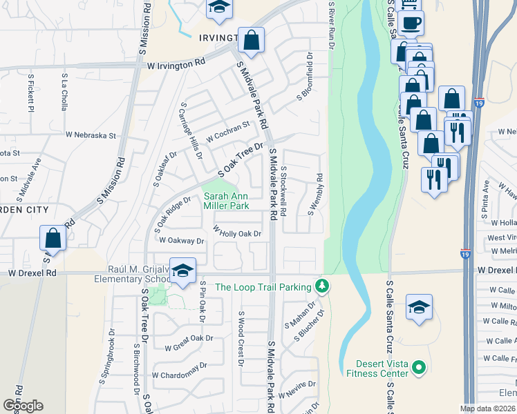 map of restaurants, bars, coffee shops, grocery stores, and more near 1626 West Oak Hollow Drive in Tucson
