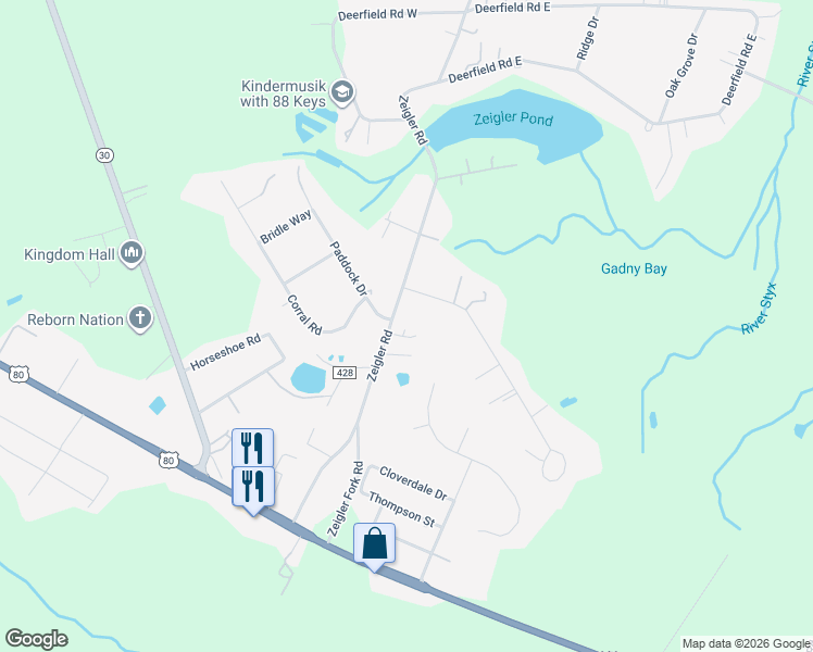 map of restaurants, bars, coffee shops, grocery stores, and more near 110 Ranch Road in Bloomingdale