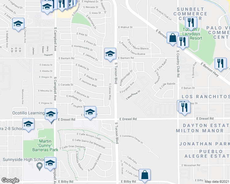 map of restaurants, bars, coffee shops, grocery stores, and more near South Tucson Boulevard & South Forgeus Avenue in Tucson