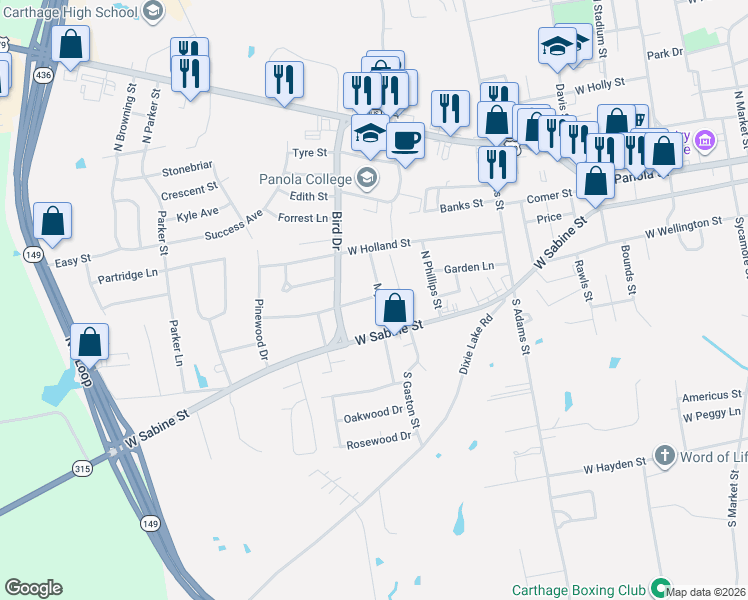 map of restaurants, bars, coffee shops, grocery stores, and more near 200 Myrle Street in Carthage