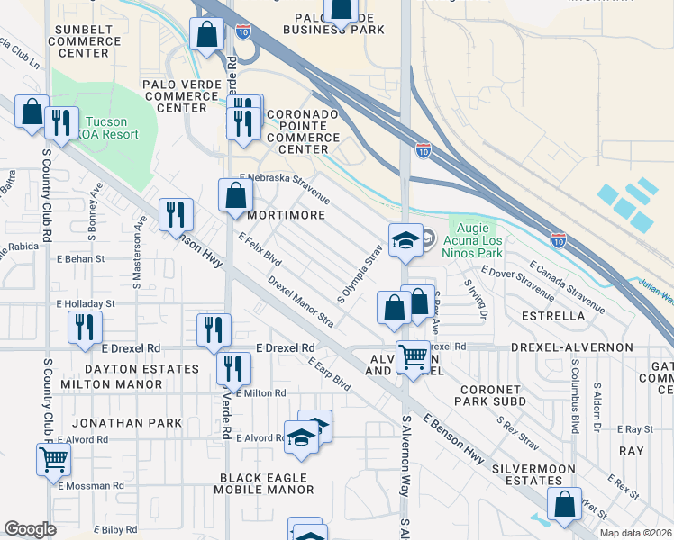 map of restaurants, bars, coffee shops, grocery stores, and more near 3714 East Frankfort Stravenue in Tucson