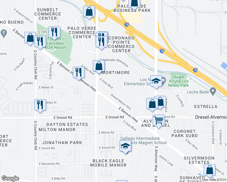 map of restaurants, bars, coffee shops, grocery stores, and more near 3620 East Felix Boulevard in Tucson