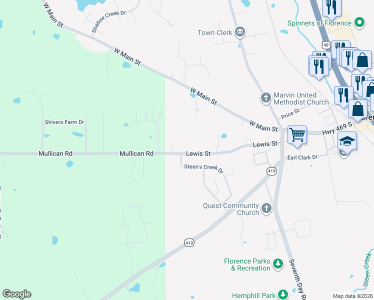 map of restaurants, bars, coffee shops, grocery stores, and more near 238 Lewis Street in Florence