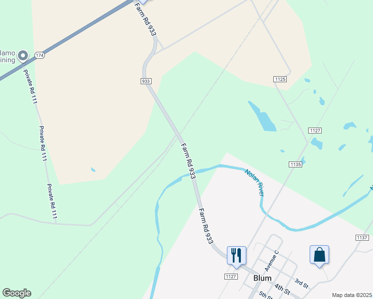 map of restaurants, bars, coffee shops, grocery stores, and more near 7740 Farm to Market Road 933 in Blum