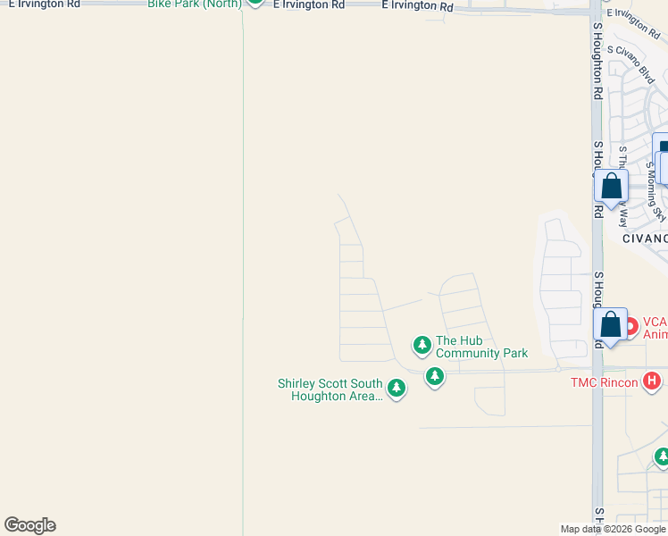 map of restaurants, bars, coffee shops, grocery stores, and more near 9900 East Irvington Road in Tucson