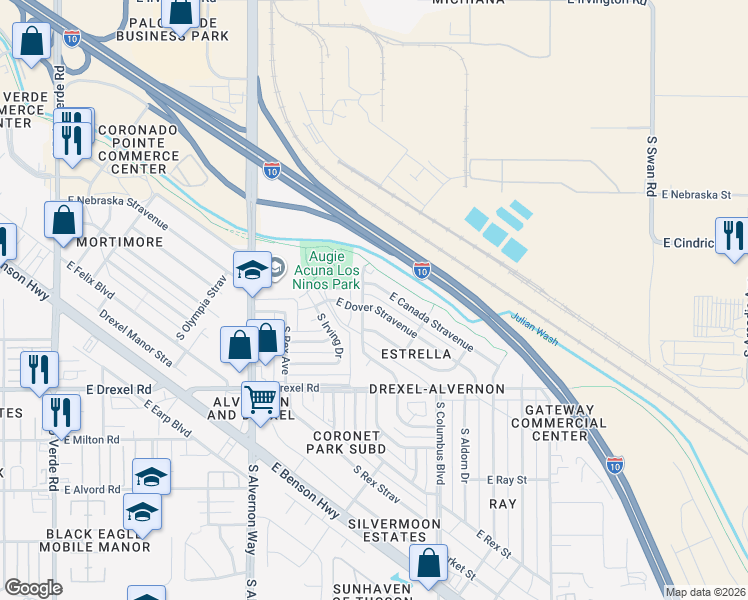 map of restaurants, bars, coffee shops, grocery stores, and more near 4140 East Canada Stravenue in Tucson