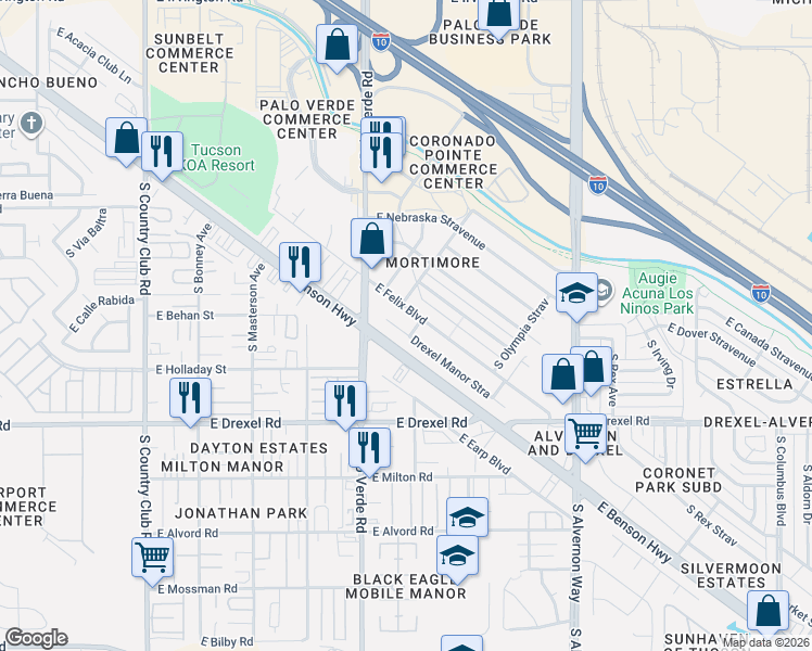 map of restaurants, bars, coffee shops, grocery stores, and more near 3574 East Felix Boulevard in Tucson