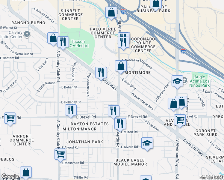map of restaurants, bars, coffee shops, grocery stores, and more near 3418 East Benson Highway in Tucson