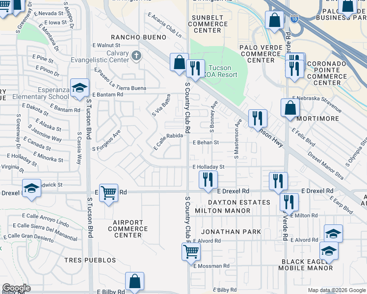 map of restaurants, bars, coffee shops, grocery stores, and more near 5493 South Via Guayaquil in Tucson