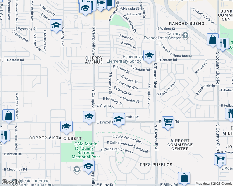 map of restaurants, bars, coffee shops, grocery stores, and more near 2110 East Canada Street in Tucson