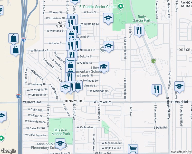 map of restaurants, bars, coffee shops, grocery stores, and more near 342 West Canada Street in Tucson