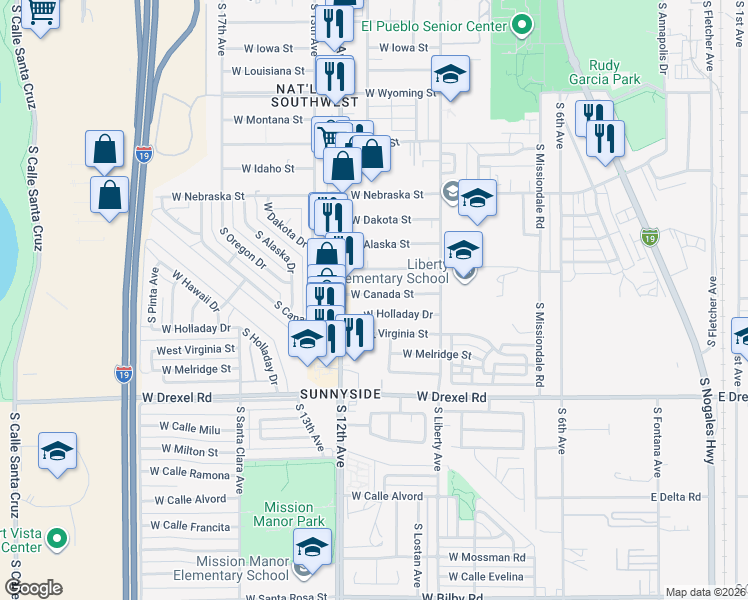 map of restaurants, bars, coffee shops, grocery stores, and more near 448 West Canada Street in Tucson