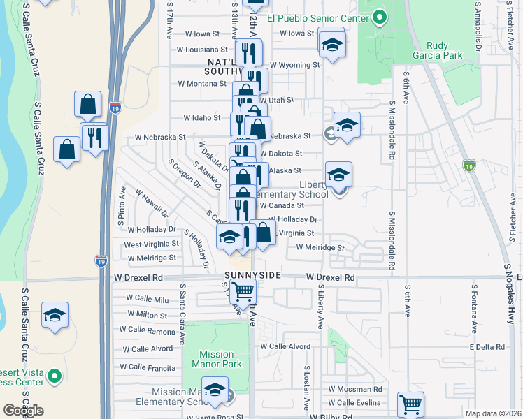 map of restaurants, bars, coffee shops, grocery stores, and more near 5474 South 12th Avenue in Tucson