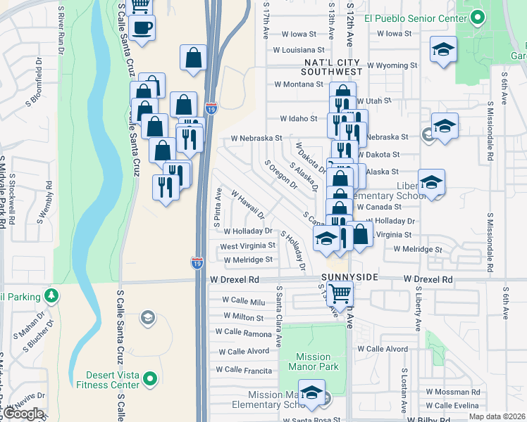 map of restaurants, bars, coffee shops, grocery stores, and more near 856 West Hawaii Drive in Tucson