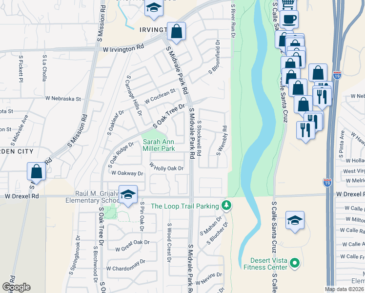 map of restaurants, bars, coffee shops, grocery stores, and more near 1626 West Oak Hollow Drive in Tucson