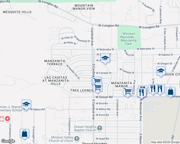 map of restaurants, bars, coffee shops, grocery stores, and more near 2932 West Canada Street in Tucson