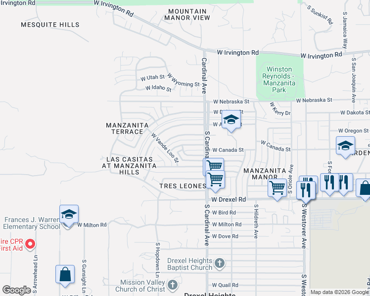 map of restaurants, bars, coffee shops, grocery stores, and more near 2932 West Canada Street in Tucson
