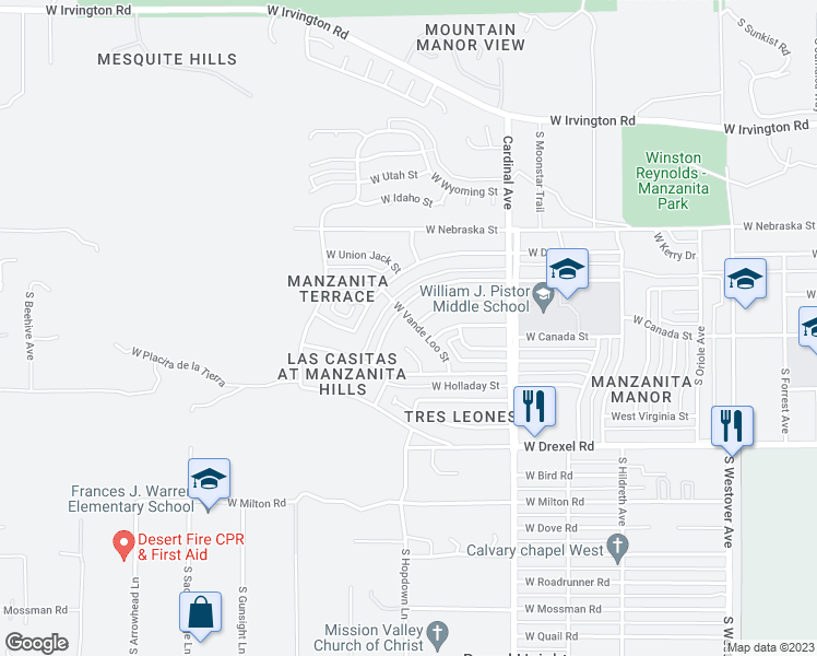 map of restaurants, bars, coffee shops, grocery stores, and more near 3081 West Vande Loo Street in Tucson