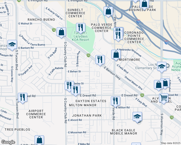 map of restaurants, bars, coffee shops, grocery stores, and more near 5509 South Masterson Avenue in Tucson