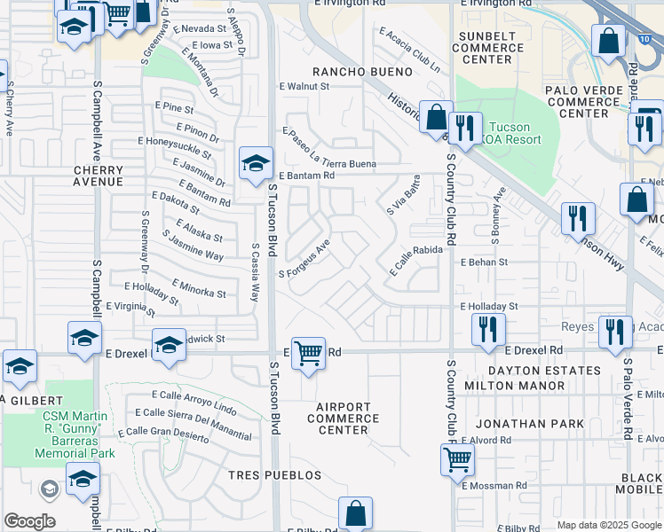map of restaurants, bars, coffee shops, grocery stores, and more near 5515 South Forgeus Avenue in Tucson