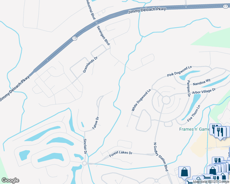 map of restaurants, bars, coffee shops, grocery stores, and more near 163 Tahoe Drive in Pooler