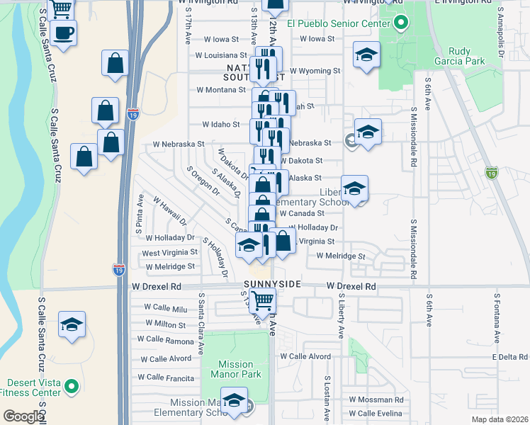 map of restaurants, bars, coffee shops, grocery stores, and more near 5474 South 12th Avenue in Tucson