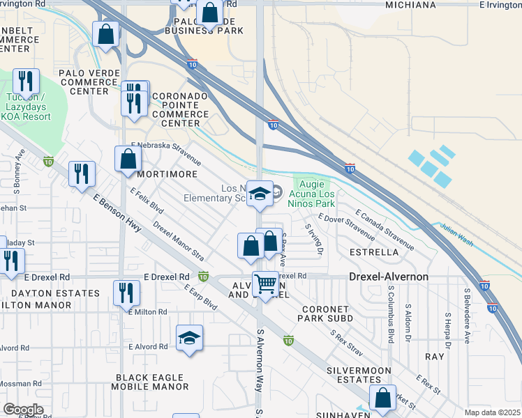 map of restaurants, bars, coffee shops, grocery stores, and more near 5445 South Alvernon Way in Tucson