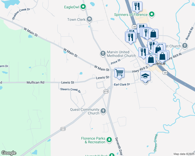 map of restaurants, bars, coffee shops, grocery stores, and more near 204 Lewis Street in Florence