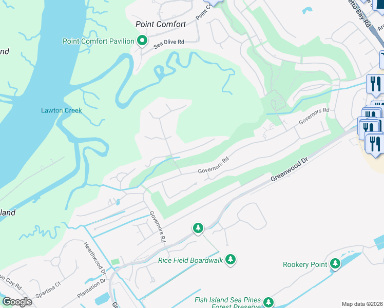 map of restaurants, bars, coffee shops, grocery stores, and more near 26 Pine Island Road in Hilton Head Island