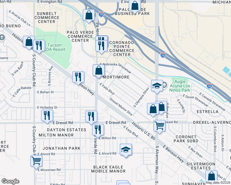 map of restaurants, bars, coffee shops, grocery stores, and more near 3632 East Helena Stravenue in Tucson